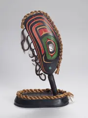 Kwakiutl Mussel Shell Rattle by Stanley E. Hunt III, carved cedar, abalone, cedar bark, horsehair, acrylic, sold Aug 2024