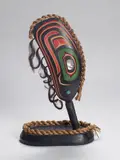 Kwakiutl Mussel Shell Rattle by Stanley E. Hunt III, carved cedar, abalone, cedar bark, horsehair, acrylic, sold Aug 2024