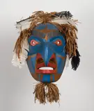 Bella Coola Hawk by Joe Peters, Jr., carved cedar, bark, feathers, acrylic, sold Aug 2024