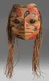 Portrait Mask by Gerry Sheena, carved cedar, cedar bark, acrylic, sold Aug 2024
