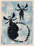 Angels in the Moon by Natsivaar, stonecut on paper, sold Aug 2024