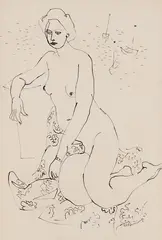 Female Nude, Figure Seated by B. C. Binning, 1943, ink on paper, sold Aug 2024