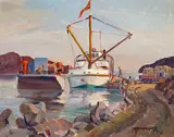 The "Radium Gilbert" and Scow by Maurice Hall Haycock, 1950, oil on canvas, sold Aug 2024