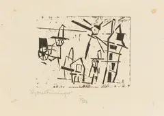 Männer, Häuser, Laterne und Schiebkarren by Lyonel Feininger, 1918, Holzschnitt auf Seidenpapier, sold Dec 2017
