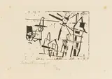 Männer, Häuser, Laterne und Schiebkarren by Lyonel Feininger, 1918, Holzschnitt auf Seidenpapier, sold Dec 2017