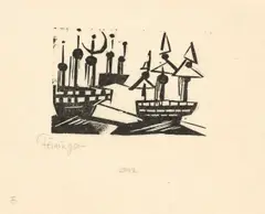Schiffe und Neumond by Lyonel Feininger, 1920, Holzschnitt auf Japanbütten, sold Dec 2017