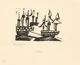 Schiffe und Neumond by Lyonel Feininger, 1920, Holzschnitt auf Japanbütten, sold Dec 2017