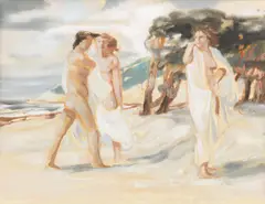 Frauen am Strand by Max Kaus, Um 1930, Gouache und Deckweiß auf leicht genarbtem Papier, auf Karton aufgezogen, sold Jan 2023