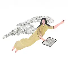 Folk Art Angel Cutout by Howard Finster, Polychrome painted wood cutout of a flying angel with sign, sold Mar 2026