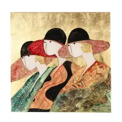 Three Women with Hats by Stephen White, Oil and gold leaf on panel, sold Mar 2026