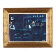 Bar Scene in Blues by Lucy Dickens, Oil on canvas, sold Mar 2026
