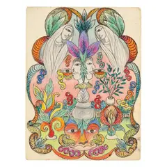 Untitled (faces with garden and statuary) by Minnie Evans, Pencil and crayon on paper, sold Mar 2026