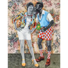 Couple by JP Mika, 2015, Huile sur tissu imprimé d'ameublement, sold Nov 2018