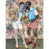 Couple by JP Mika, 2015, Huile sur tissu imprimé d'ameublement, sold Nov 2018