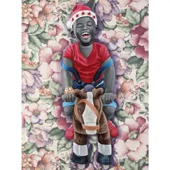 Petit Père Noël by JP Mika, 2016, Huile sur tissu imprimé d'ameublement, sold Nov 2018