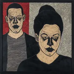 Signature series by Ephrem Solomon, 2016, gravure sur bois, papier journal collé et peinture, sold Nov 2018
