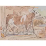 Vaches à l'étable, Noël 1911 by Eugène Burnand, Aquarelle et encre sur papier, sold Jul 2019