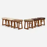 Box stools from Chandigarh, set of six by Pierre Jeanneret, c. 1960, teak, sheepskin, sold Mar 2023