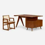 Desk and chair from Chandigarh by Pierre Jeanneret, c. 1960, teak, cane, aluminum, upholstery, sold Mar 2023