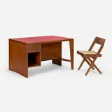 Desk and chair from Chandigarh by Pierre Jeanneret, teak, leather, aluminum, cane, sold Mar 2023