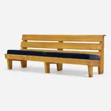 Bench from Marie Blanche Hotel, Méribel by Charlotte Perriand, c. 1950, pine, mohair and leather upholstery, sold Mar 2023