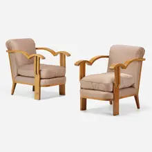 Rare armchairs, pair by Eugène Printz, c. 1930, bleached walnut, blended textile upholstery, sold Mar 2023