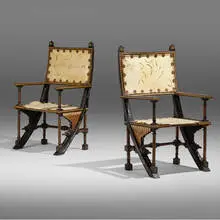 Armchairs, pair by Carlo Bugatti, c. 1905, stained and enameled oak, vellum with hand drawing, silk, copper, sold Mar 2023