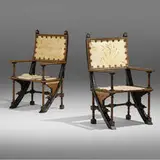 Armchairs, pair by Carlo Bugatti, c. 1905, stained and enameled oak, vellum with hand drawing, silk, copper, sold Mar 2023