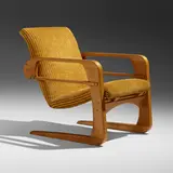 Airline armchair by Kem Weber, c. 1935, maple, birch, upholstery, leather, brass, steel, sold Mar 2023