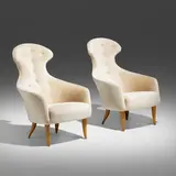 Eva chairs, pair by Kerstin Hörlin-Holmquist, 1958, upholstery, beech, sold Mar 2023