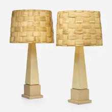 Table lamps from the James and Marilynn Alsdorf Residence, Chicago by Samuel Marx, c. 1940, vellum over wood, washed oak, raffia, milk glass, brass, sold Mar 2023