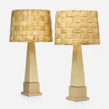 Table lamps from the James and Marilynn Alsdorf Residence, Chicago by Samuel Marx, c. 1940, vellum over wood, washed oak, raffia, milk glass, brass, sold Mar 2023