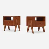 Nightstands from the M.L.A. Flats building, Chandigarh, pair by Pierre Jeanneret, c. 1955-56, teak, aluminum, sold Mar 2023