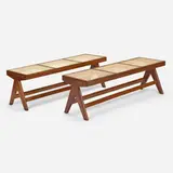 Benches from the M.L.A. Flats building, Chandigarh, pair by Pierre Jeanneret, c. 1955, teak, cane, upholstery, sold Mar 2023