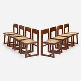 Chairs from Punjab University, Chandigarh, set of eight by Pierre Jeanneret, c. 1960, teak, cane, upholstery, sold Mar 2023
