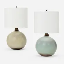 Table lamps, pair by Jacques & Dani Ruelland, c. 1960, glazed earthenware, linen shades, brass, sold Mar 2023