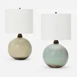 Table lamps, pair by Jacques & Dani Ruelland, c. 1960, glazed earthenware, linen shades, brass, sold Mar 2023