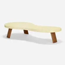 Coffee table, model 5028 by Paul Theodore Frankl, c. 1948, lacquered cork, mahogany, sold Mar 2023