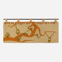 Monkeys tapestry by Evelyn and Jerome Ackerman, 1961, hand-knotted wool, sold Mar 2023