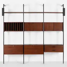 CSS (Comprehensive Shelving System) by George Nelson & Associates, 1959, enameled aluminum, walnut, enameled steel, aluminum, lacquered masonite, sold Mar 2023
