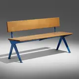 Bench from the Électricité de France, Marcoule by Jean Prouvé, c. 1954, oak, lacquered steel, sold Mar 2023