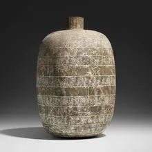Mokoch vessel by Claude Conover, 1972, glazed stoneware with engobe decoration, sold Mar 2023