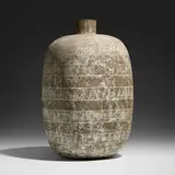 Mokoch vessel by Claude Conover, 1972, glazed stoneware with engobe decoration, sold Mar 2023
