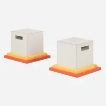 Cream tables, pair by Ettore Sottsass, 1984, laminate over wood, sold Mar 2023
