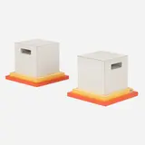 Cream tables, pair by Ettore Sottsass, 1984, laminate over wood, sold Mar 2023