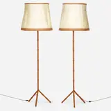 Floor lamps, pair by Jacques Adnet, c. 1950, saddle-stitched leather over steel, milk glass, vellum, brass, sold Mar 2023
