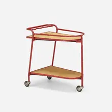Bar cart by Jacques Adnet, c. 1950, saddle-stitched leather over steel, tatami, sold Mar 2023
