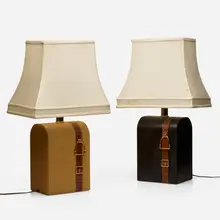 Table lamps, pair by Gucci, c. 1975, leather, brass, linen, sold Mar 2023