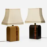 Table lamps, pair by Gucci, c. 1975, leather, brass, linen, sold Mar 2023