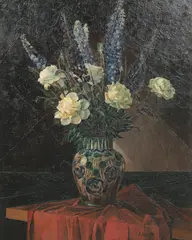 still life painting "Peonies and Delphiniums by André Léveillé, oil on canvas, sold Apr 2023